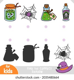 Find the correct shadow, education game for children, Hallowee items. Poison, Witch Potion, Spider, Elixir bottle