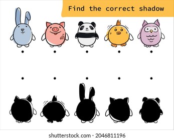 Find the correct shadow, education game for children. Shadow matching game. Match animal with silhouette.