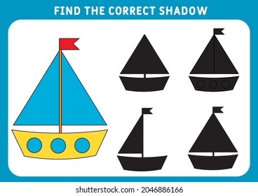 Find the correct shadow, education game for children. Funny little Ship. Preschool worksheet. Vector illustration.