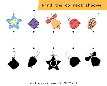 Find the correct shadow, education game for children. Shadow matching game. Match christmas decoration with silhouette.