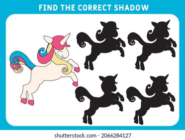 Find the correct shadow, education game for children.  Vector illustration. little cute magical unicorn. 
