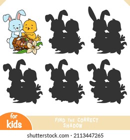 Find the correct shadow, education game for children, Easter illustration. Bird and rabbit and basket with colored eggs