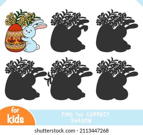 Find the correct shadow, education game for children, Easter illustration. Rabbit and egg and mimosa flowers