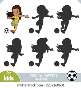 Encuentra la sombra correcta, juego educativo para niños, jugadora de fútbol con una pelota