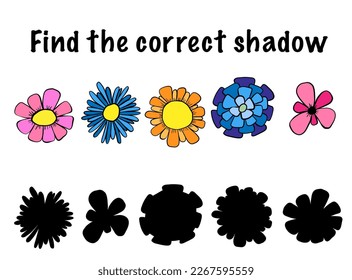 Encuentra la sombra correcta, juego educativo para niños. Montaje de flores