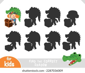 Finden Sie den richtigen Schatten, Erziehungsspiel für Kinder, Cartoon-Charakterpirat und Krokodile und Schatztruhe