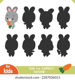 Encuentra la sombra correcta, juego educativo para niños, caricatura lindo personaje conejo y zanahoria