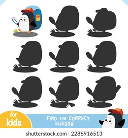 Find the correct shadow, education game for children, Cute Penguin traveler go hiking with backpack and compass