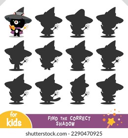 Find the correct shadow, education game for children, Cute wizard cat with magic wand and spell book