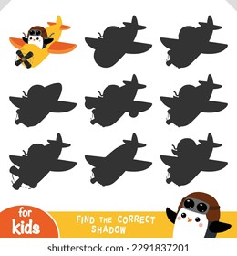 Find the correct shadow, education game for children, Cute penguin pilot is flying on an airplane