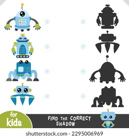 Find the correct shadow, education game for children, Set of cute cartoon robots