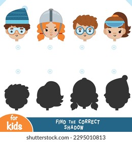 Find the correct shadow, education game for children, Set of cute cartoon faces, nerd with glasses, girl in a horse rider helmet, boy wearing ski goggles and a hat, girl in a tennis visor