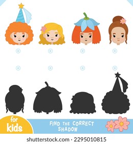 Find the correct shadow, education game for children, Set of cute cartoon girls faces, Princess in a hood, Fairy in a bell hat, Mermaid, Girl with flower in her hair
