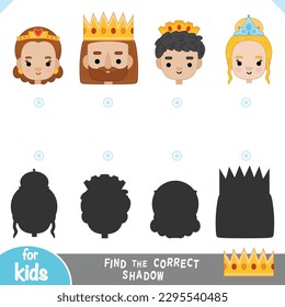 Find the correct shadow, education game for children, Set of cute cartoon royal family faces, Queen, King in a gold crown, Prince, Princess with diadem 