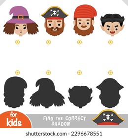 Find the correct shadow, education game for children, Set of cute cartoon fantasy faces, Witch in a hat, Garden gnome, Pirate captain in a cocked hat hat, Vampire