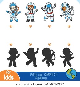 Find the correct shadow, education game for children, Set of cute cartoon girls astronauts
