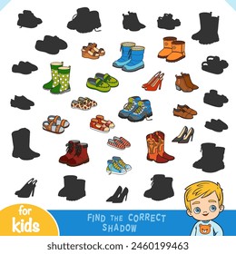 Find the correct shadow, education game for children, set of cartoon shoes