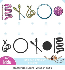 Find the correct shadow, education game for children, set of Rhythmic gymnastic object. Hoop, ribbon, juggling clubs, jump rope, ball