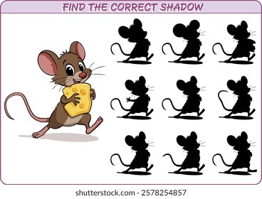 Find the correct Shadow. Education game for children. Concentration exercise. Vector illustration.