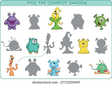 Encuentra la Sombra correcta. Juego de Educación para niños. Ejercicio de concentración. Ilustración vectorial.