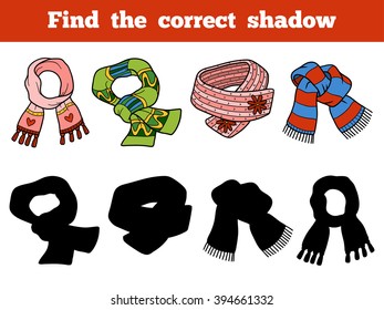Find the correct shadow, education game for children. Set of knitted scarves