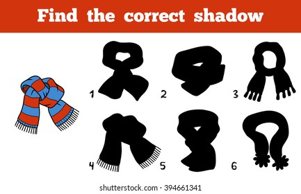 Find the correct shadow, education game for children. Knitted striped scarf