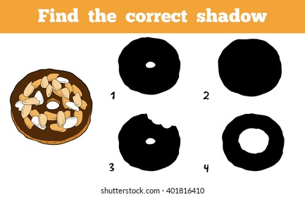 Find the correct shadow, education game for children. Vector cartoon donut