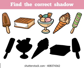 Find the correct shadow, education game for children. Vector color set of ice-cream