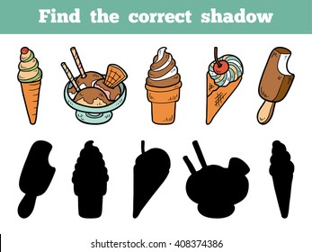 Find the correct shadow, education game for children. Vector color set of ice-cream