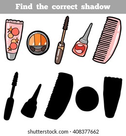 Find the correct shadow, education game for children. Vector color set of cosmetic objects