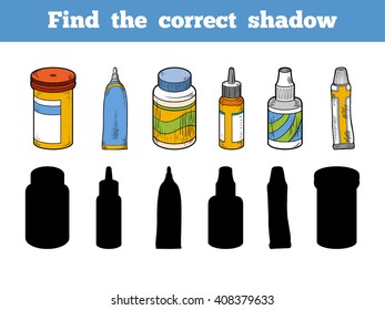 Find the correct shadow, education game for children. Vector color set of medical items