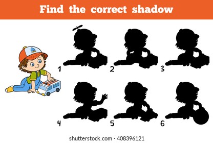 Find the correct shadow, education game for children. Little boy plays with ambulance car