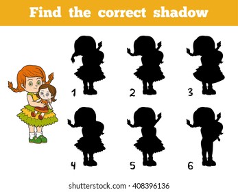 Find the correct shadow, education game for children. Little girl with a doll in hands