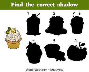 Find the correct shadow, education game for children. Vector color lemon cupcake
