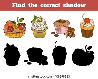 Find the correct shadow, education game for children. Vector color set with cakes and pastries