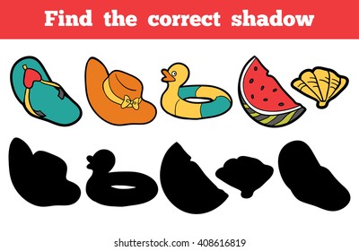 Find the correct shadow, education game for children. Colorful vector set of objects for a summer holiday
