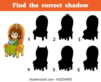 Find the correct shadow, education game for children, young princess seated on a throne with the bunny in hands