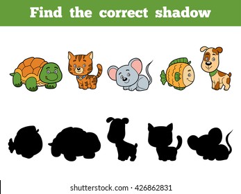 Find the correct shadow, education game for children. Animal collection with turtle, cat, mouse, fish, dog