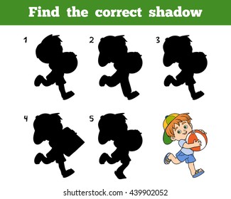 Find the correct shadow, education game for children. Little boy with a ball