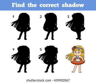 Find the correct shadow, education game for children. Little girl with lifebuoy on the beach
