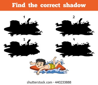 Find the correct shadow, education game for children. A boy riding a surf
