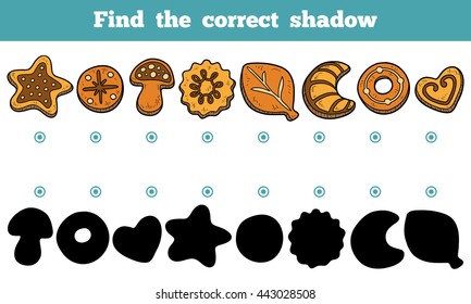 Find the correct shadow, education game for children. Collection of homemade cookies, vector colorful set of Christmas baking.