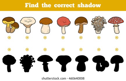 Find the correct shadow, education game for children. Set of color mushrooms. 