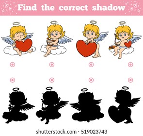 Find the correct shadow, education game for children. Valentine's Day character, Angels