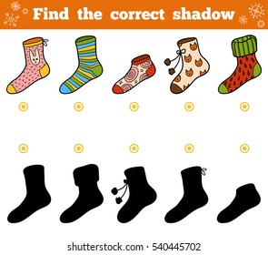 Find the correct shadow, education game for children, set of socks with ornaments