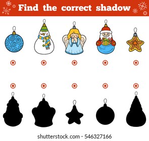 Find the correct shadow, education game for children. Vector set of Christmas tree toys