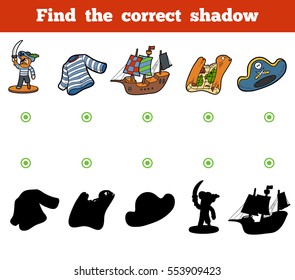 Find the correct shadow, education game for children. Set of pirate items