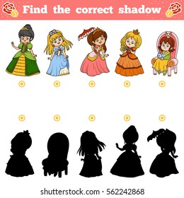 Find the correct shadow, education game for children. Vector princess set