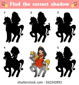 Find the correct shadow, education game for children. Vector color princess on the horse