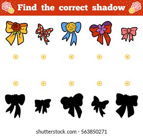 Find the correct shadow, education game for children. Vector cartoon set of bows